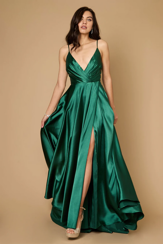 Long Flowy Satin Formal Prom Gown