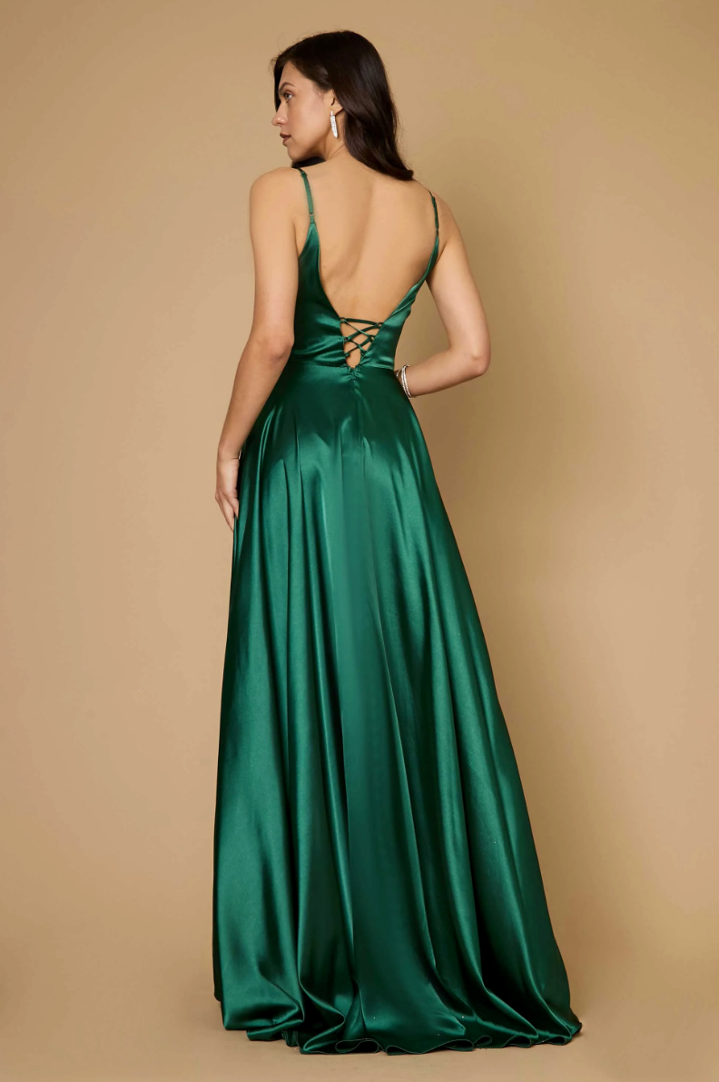 Long Flowy Satin Formal Prom Gown