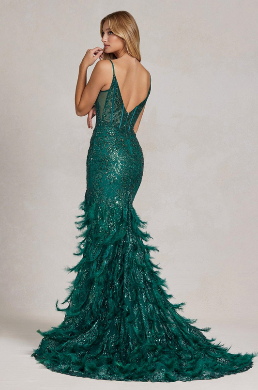 Long Feathered Train Gown