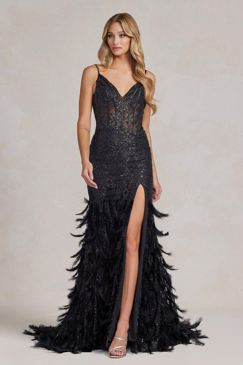 Long Feathered Train Gown