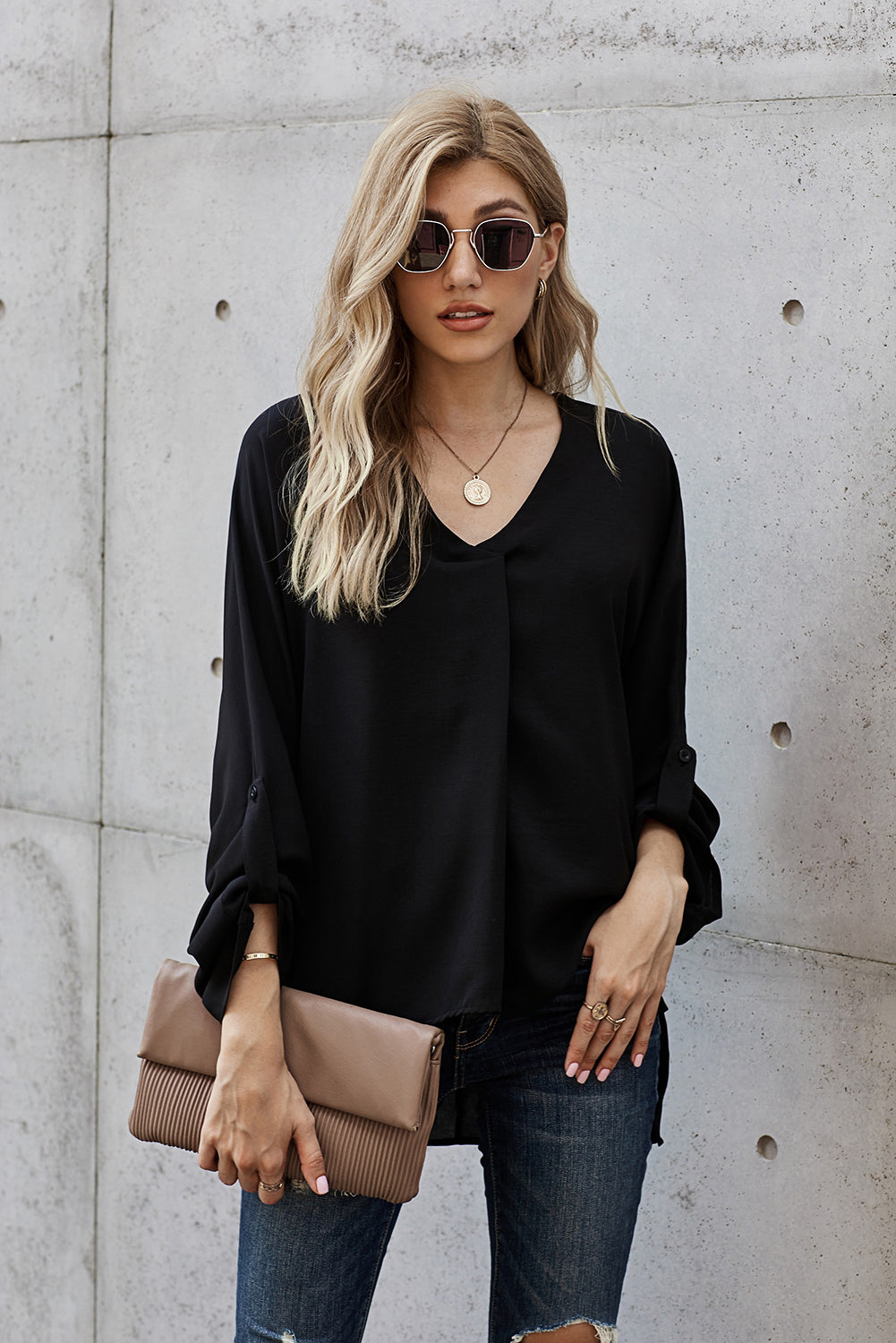 V-Neck Roll-Tab Sleeve Blouse