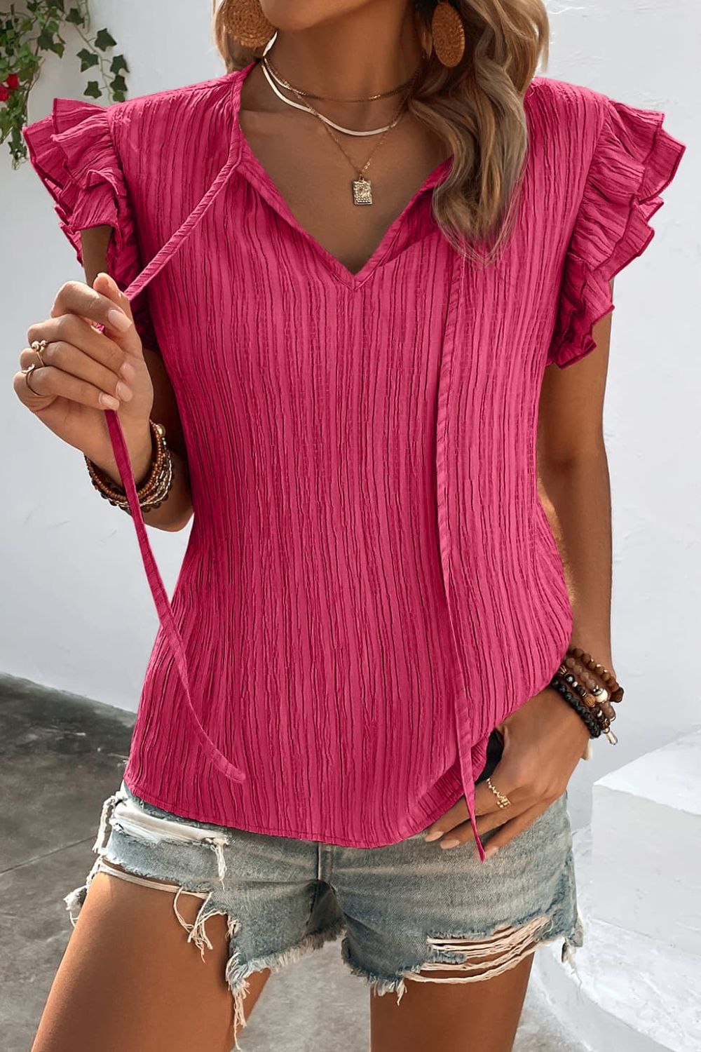 Textured Tie Neck Butterfly Sleeve Blouse