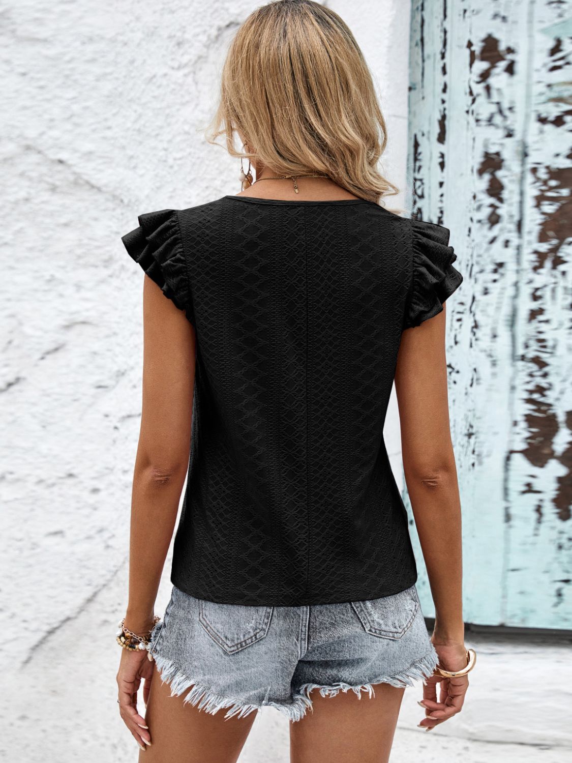 Contrast V-Neck Eyelet Top